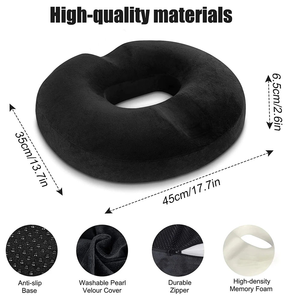 1PC Donut Pillow Hemorrhoid Tailbone Cushion – Large Black Seat Cushion Pain Relief for Coccyx, Prostate, Sciatica, Pelvic Floor