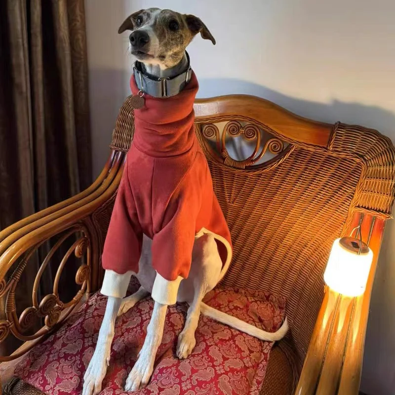 Rote Winterkleidung für Whippet-Hunde, weicher 2-beiniger Feiertagsmantel für italienische Little Greyhound Bedlington Loungewear im Herbst – Detail 4