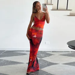 Printed 2 Piece Summer Sexy Skirt Set For Women Stylish And Elegant V Neck Camisole + Maxi Skirt For Street Wear