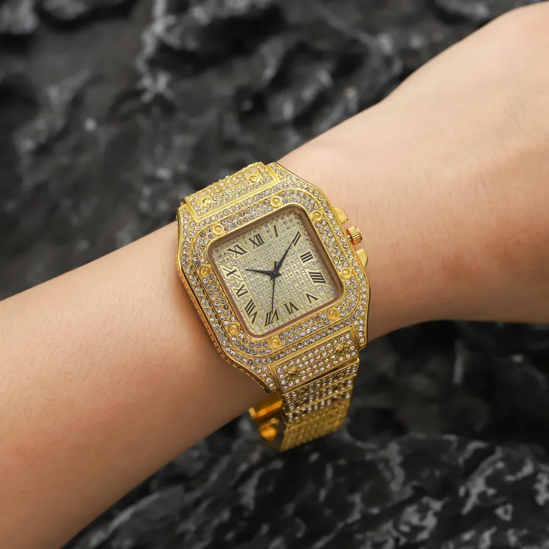 Foreign Trade Popular Style Cross-Border Hot Sale Fashion Square Diamond Full Diamond Roman Scale Women's Watch Women's Watch Qu