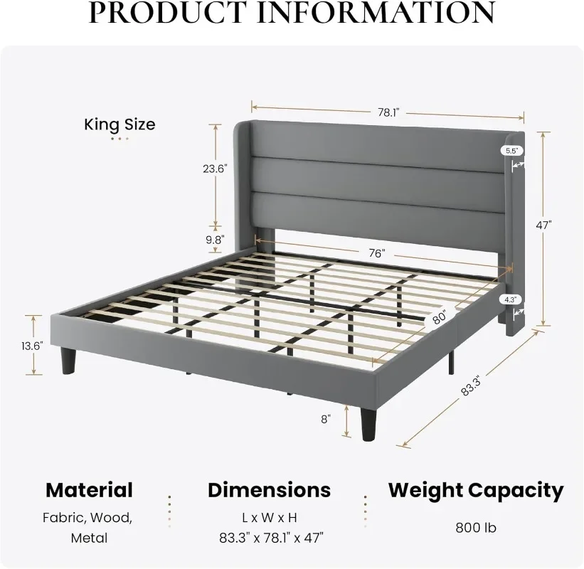 SHA CERLIN King Size Velvet Bed Frame with Wingback Headboard/Upholstered Platform Bed with Wooden Slats/Mattress Foundation