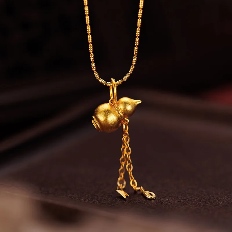 

New Chinese Style 9999 24K Real Gold Antique Gourd Pendant with Tassel and Vintage Gourd Necklace for Women