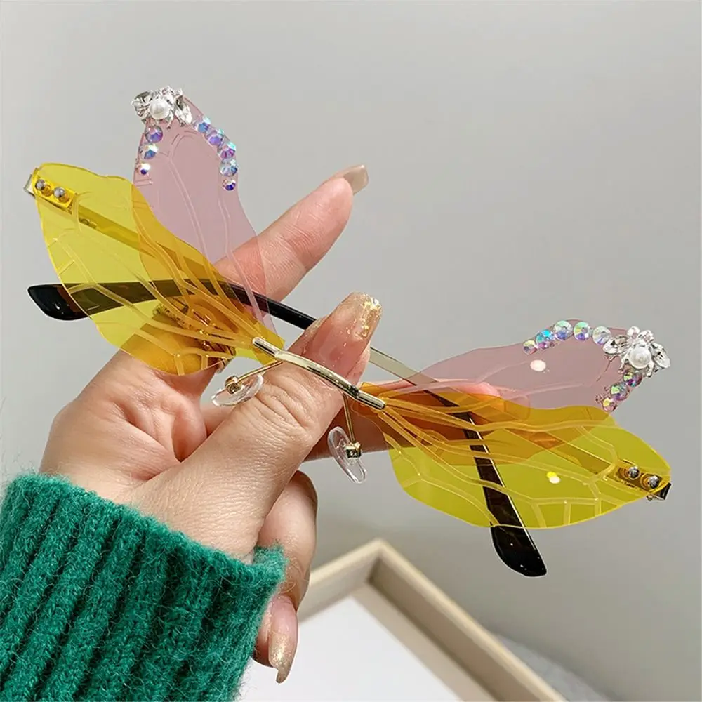 Halloween Costume Rimless Party Irregular Dragonfly Wing Sunglasses Bling Shades Diamond Sun Glasses