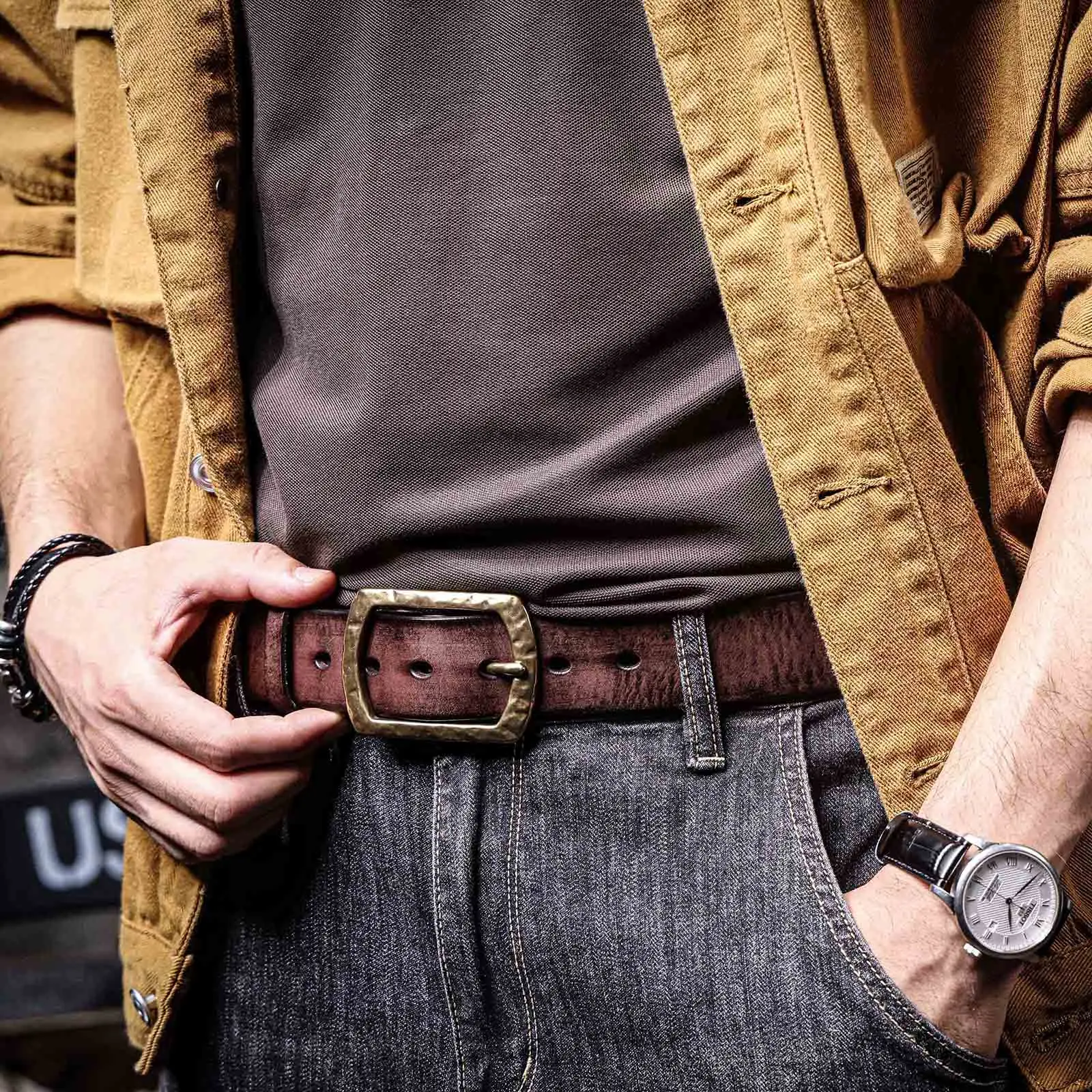 Echtleder-Herrengürtel mit massiver Messingschnalle, handgefertigter Casual-Gürtel mit Geschenkbox, verdicktes italienisches Leder – Detail 6