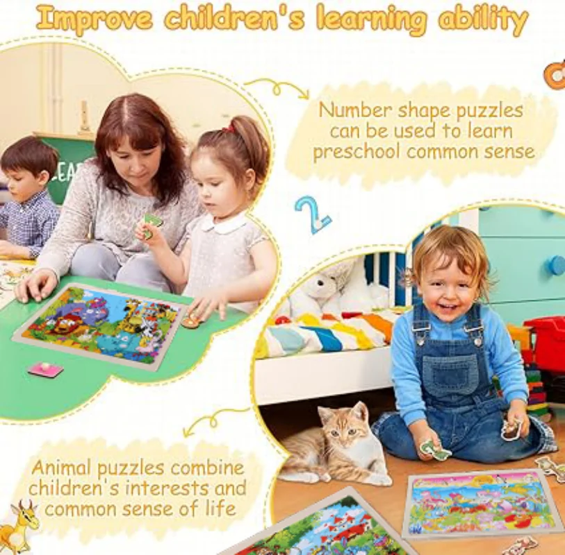 New 24 Pieces Wooden Puzzles Kids Cartoon Animal Wood Jigsaw Early Educational Learning Toys for Children 2 years GIFT