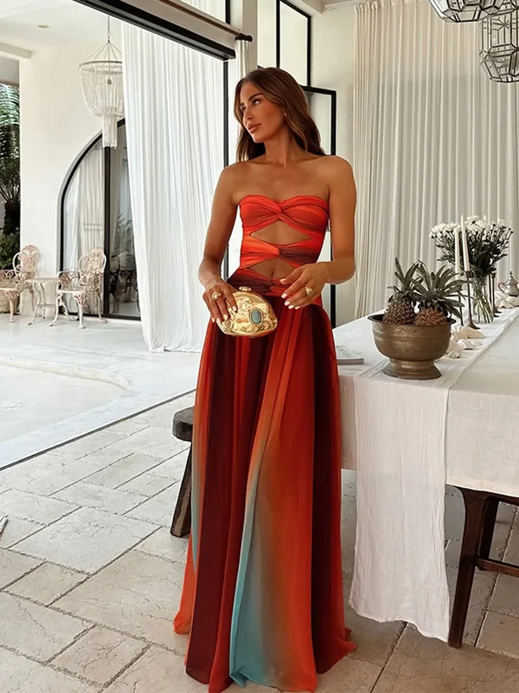 

2025 Blue Gradient Mesh Pleated Long Dress Women Starfish Hollow Out High Slit Sleeveless Dresses New Female Beach Party Robe