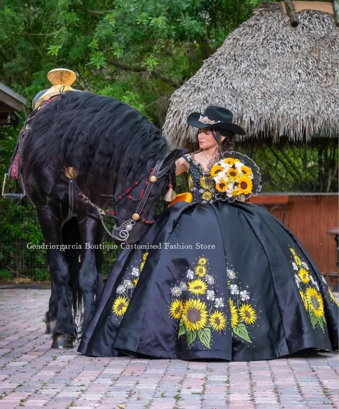 Princesa mexicana negra Quinceanera vestidos, bordado floral 3D, aplique frisado, vestidos de luxo para eventos, 2024