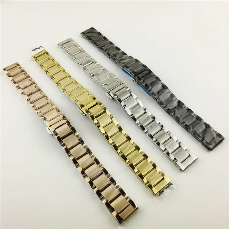 316L Stainless Steel 18mm 20mm 21mm 22mm Universal Straight End Three-beads Butterfly Clasp Watch Strap Band Silver Black Gold