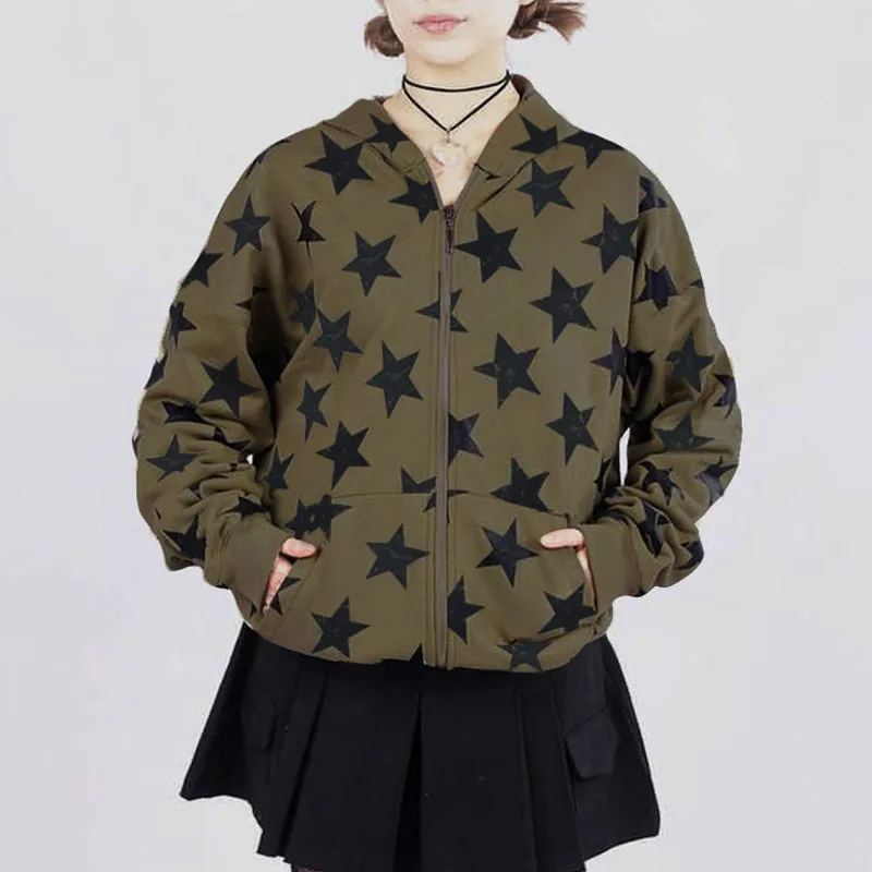 Y2k Vintage Star Print Hoodies Women Hip Hop Zipper Long Sleeve Jacket Coat Autumn Winter Loose Casual Couple Sweatshirts Hooded