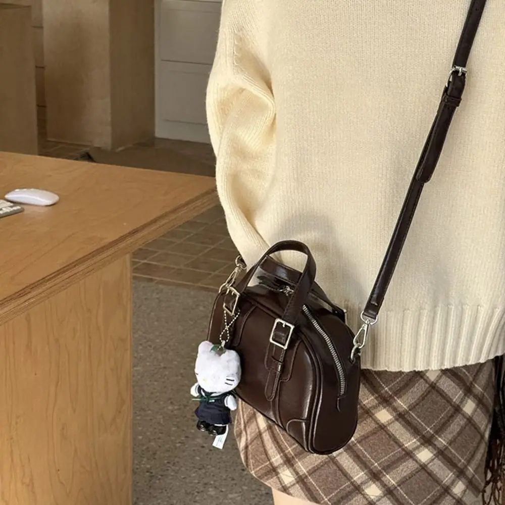 

Elegant PU Leather PU Bowling Bag Shoulder Bag Solid Color Retro Handbag Purse Large Capacity Boston Bag Shopping
