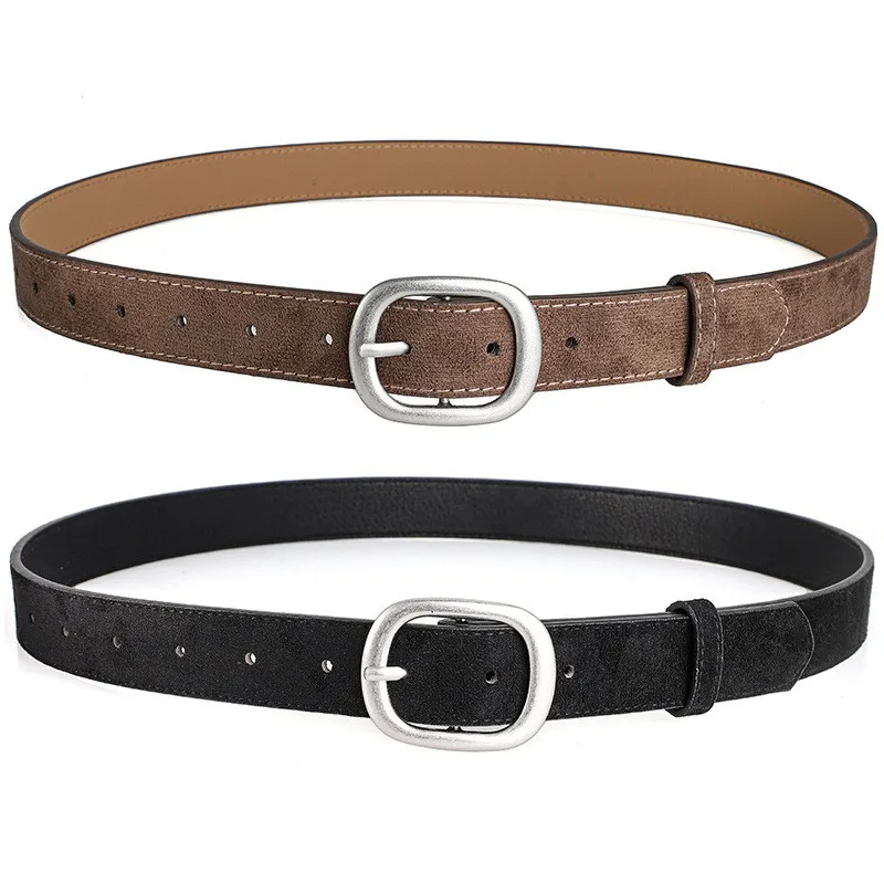 Ladies' belt, imitation suede-like surface, vintage style, aged look, high-end feel, silver alloy buckle, versatile, jeans belt