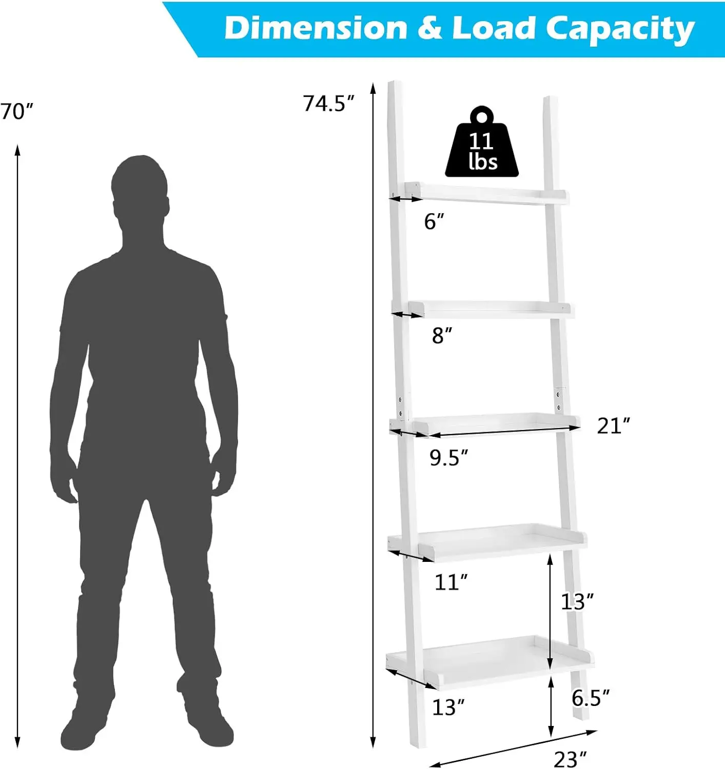 Scaffale moderno con scala in legno a 5 livelli, scaffale per esposizione di libri con piante bianche per l'home office