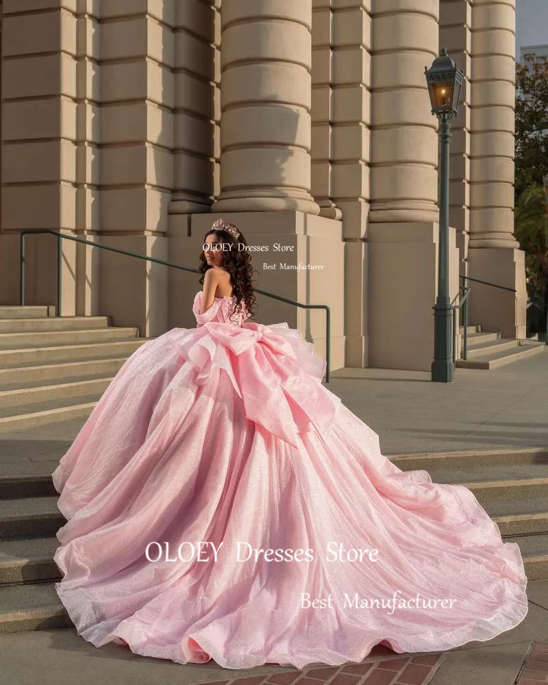 OLOEY-vestidos de quinceañera brillantes, vestido de princesa con lazo y hombros descubiertos, tul brillante, fiesta de cumpleaños, 16 dulces