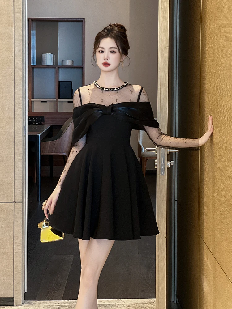 French Elegant Hepburn Style Diamond Round Neck Bow Mesh Splicing Long Sleeve High Waist A-line Black Short Evening Dress Women