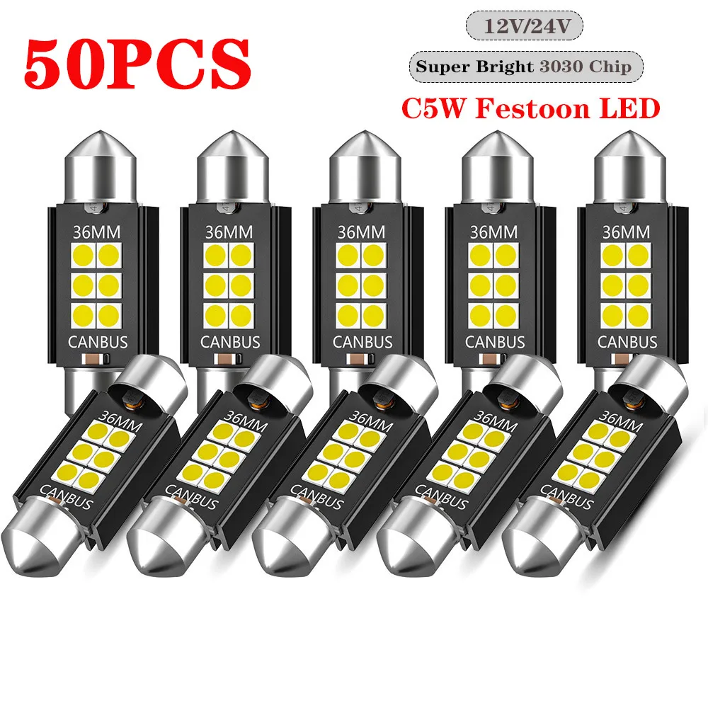 DXZ 50Pcs C5W C10W LED Bulbs Canbus Festoon-31MM 36MM 39MM 41MM 12V/24V 3030 chip NO ERROR Car Interior Dome Reading Light 6000K