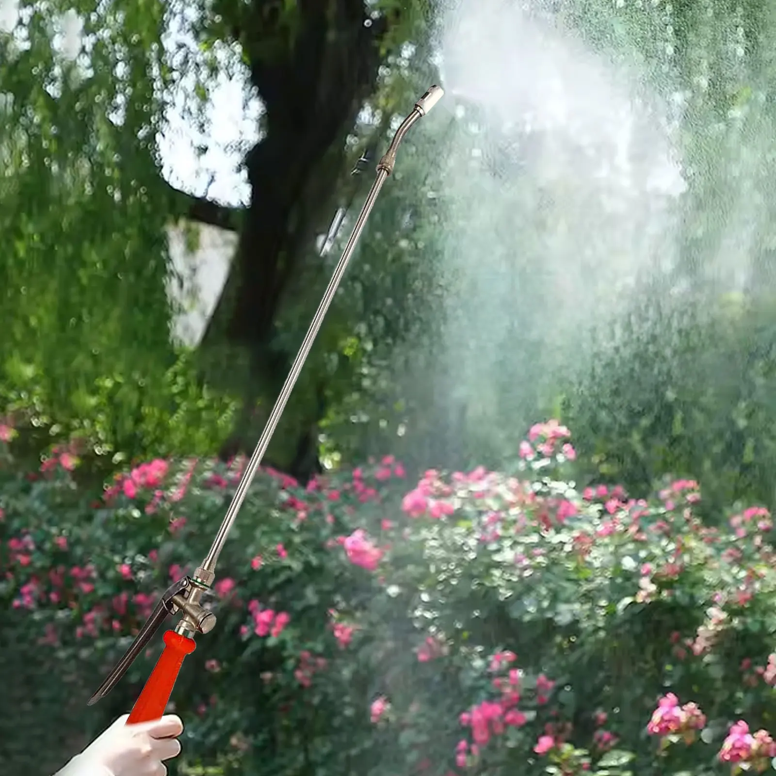 

44-дюймовая штанга-распылитель из нержавеющей стали с латунными соединителями и встроенным запорным клапаном для подключения к садовому шлангу