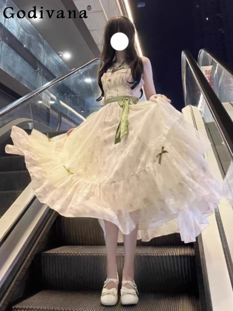 

Spring Summer Lolita Cute Princess Floral Suspender Long Dress Sweet Fairy Gentle Slash Neck Dresses Chiffon Blouse Shirt Sets