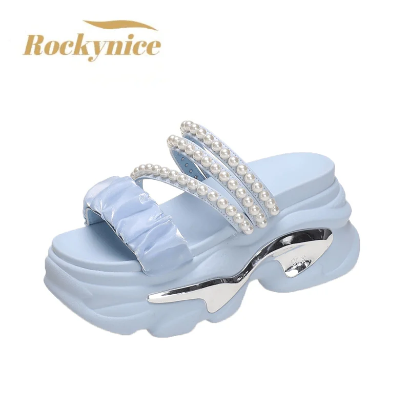 

Summer High Platform Women Sandals Slip-On 9 CM Wedges Bling Shoes Fashion 2023 Outside Chunky Sandals Beach Casual Slides Woman