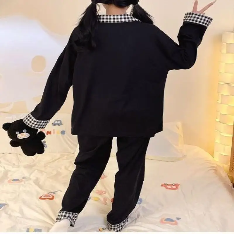 

Sanrio Hello Kitty Girl Two Piece Pajamas Set Cotton Women Homewear Color Blocking Cute Lightweight Plaid Long Sleeve Nightwear