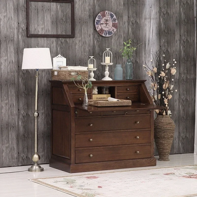 American solid wood desk, log retro engraved computer study multi-functional writing desk