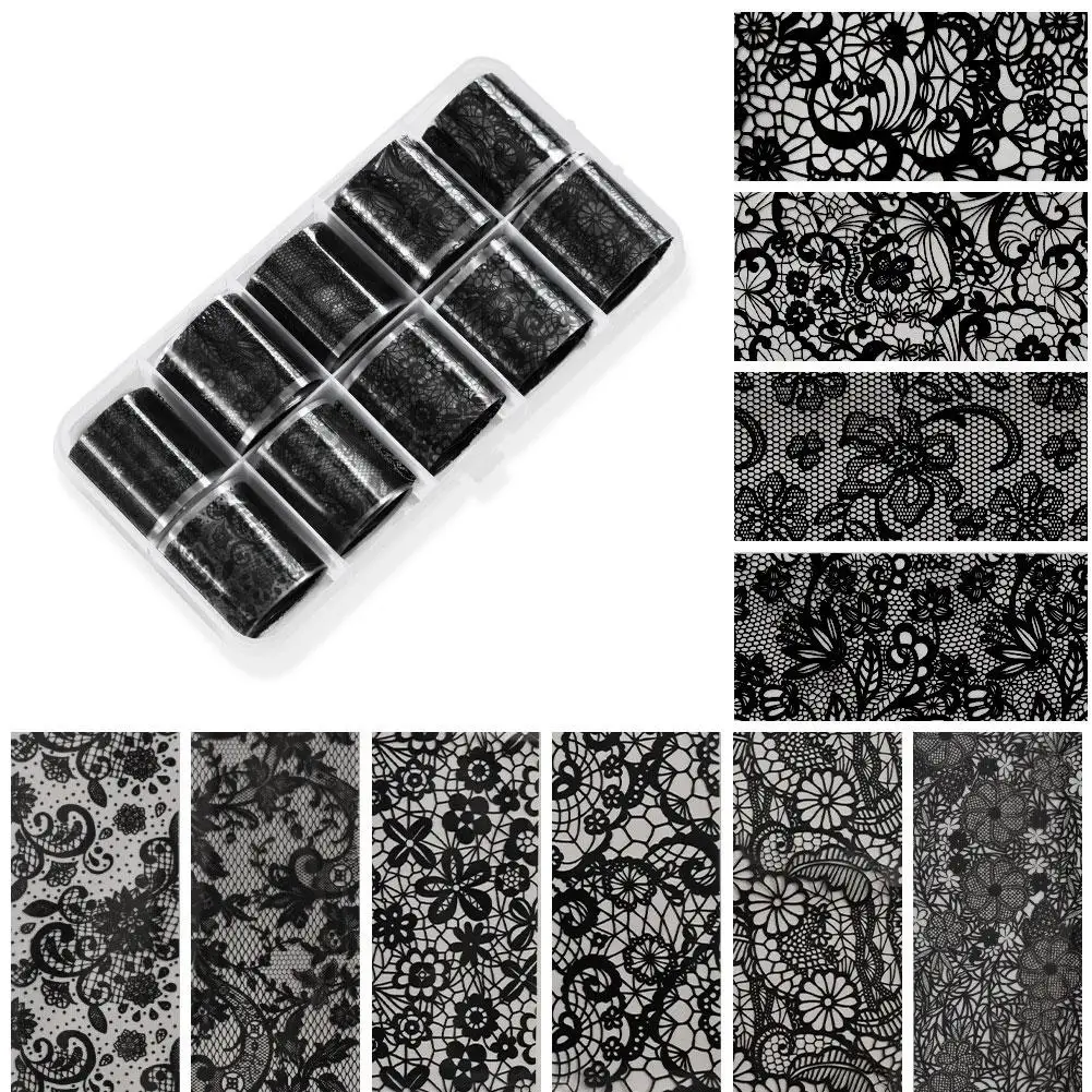 Sexy schwarz-weiße Spitzen-Nagelkunst-Transferaufkleber, 10 Rollen floraler, wasserfester Nagelfolie zum vollständigen Umwickeln, einfach anzuwendende selbstklebende Maniküre – Detail 18