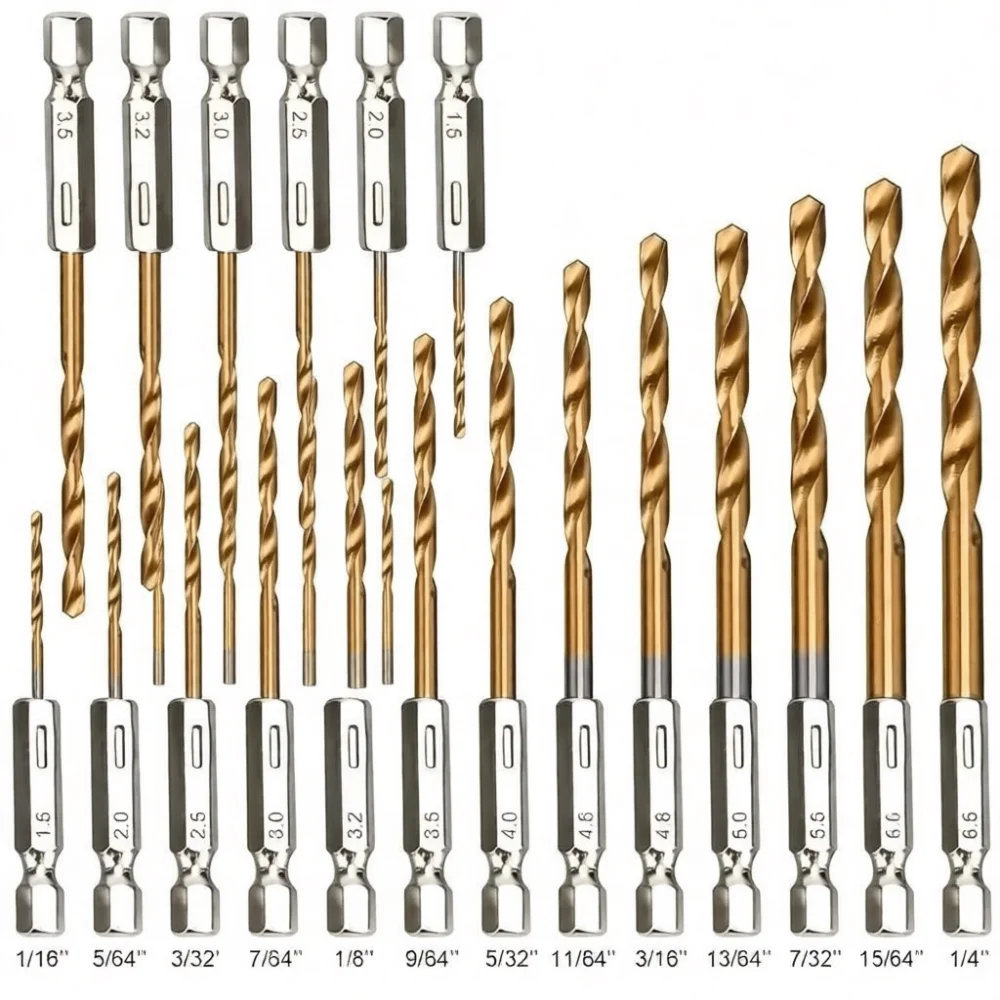 Titanium Plated Twist Drill Bit Set Hex Shank Woodworking Hole Cutter High Efficiency Power Tool Accessory Home Repair Kit