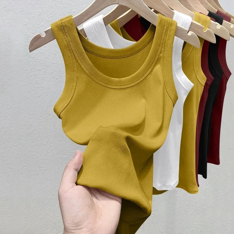 Damen Einfarbiges Rundhals-Rippstrick-Top Camisole Sommer Basic Elastisches Spaghettiträger-Top Leichtes Kühles Unterhemd Ärmelloses Shirt