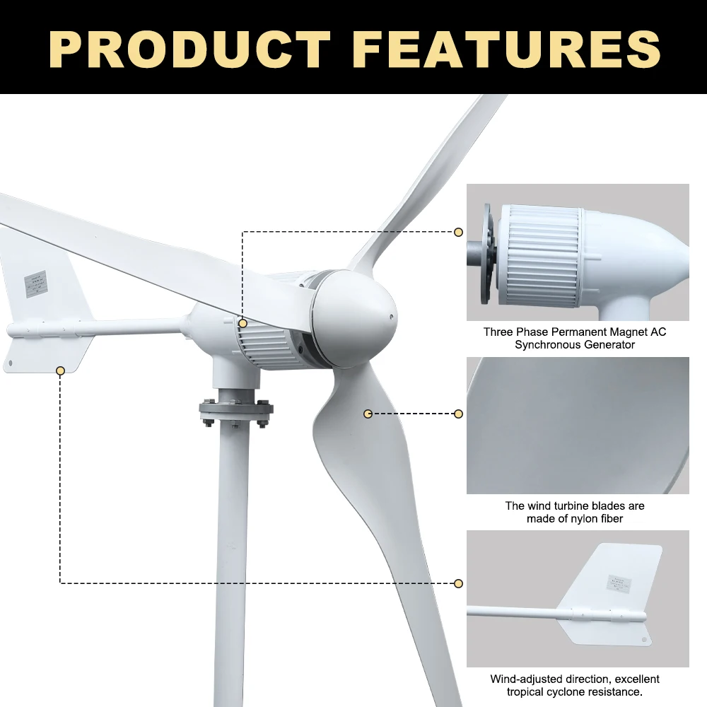 5000W 5KW Horizontal Axis Wind Turbine 24V 48V 96V Wind Generator CE Certified Free Energy Low Speed Start Off Grid for Home Use