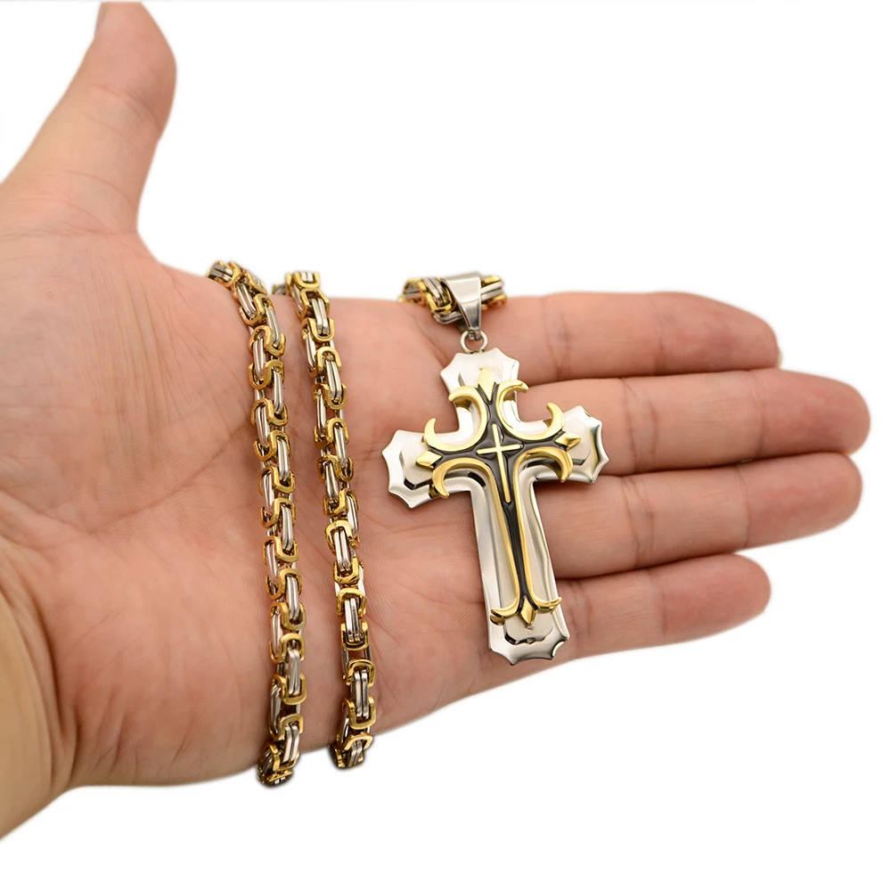 Fashionable Three-layer Gold-plated Cross Necklace Pendant Hip-hop Necklaces for Men Cross Stainless Steel Jewelry Anniversary G