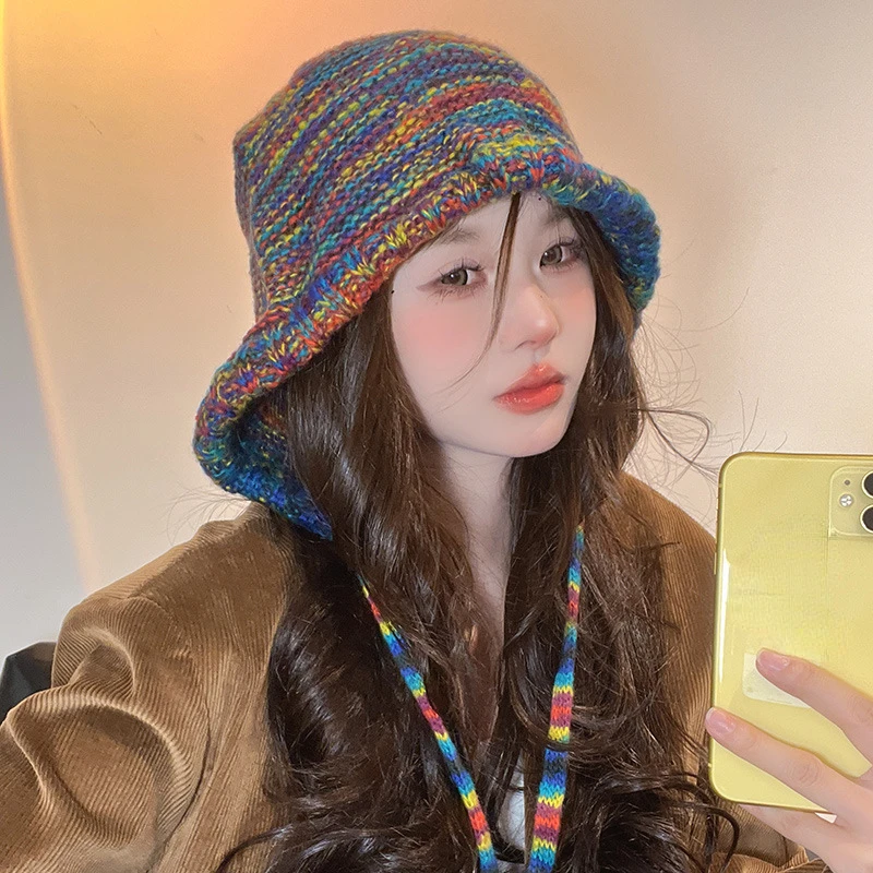 Korean Autumn and Winter Women Rainbow Contrasting Color Knitted Hat Trend Lace-up Thermal Ear Protector Head Skull Beanie Hats