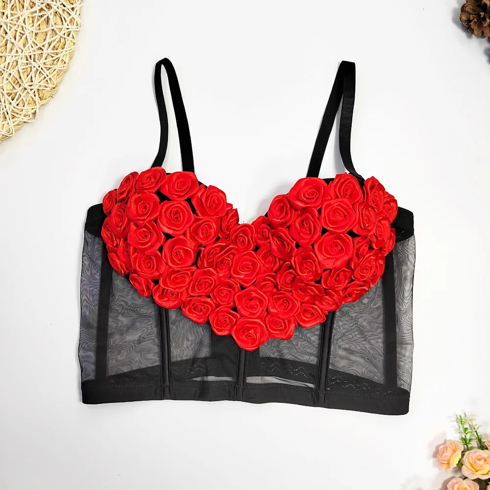 

Valentine's Day Loving Heart Sexy Vest Corset Women Mesh Transparent Three-dimensional Flowers Tops Bustier Push-up Bra 41914