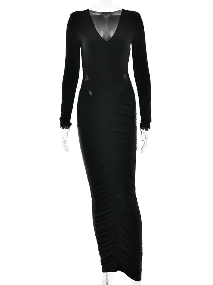 القطب الشمالي مثير العميق الخامس شبكة المرقعة Bodycon فستان أنيق مطوي المرأة سليم فستان طويل الخريف الشتاء نادي الحفلات ثوب مسائي