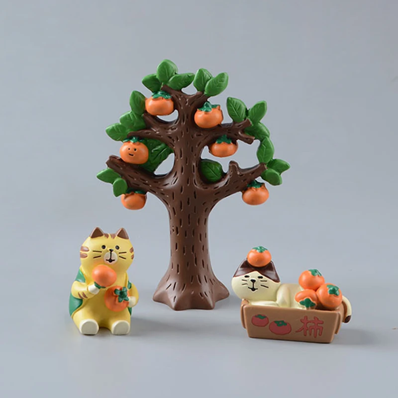 

Cartoon Cute Animal Cats Resin Persimmon Fruit Tree Kitten Figurines Model Mini Figures Home Garden Decoration Dollhouse Toys