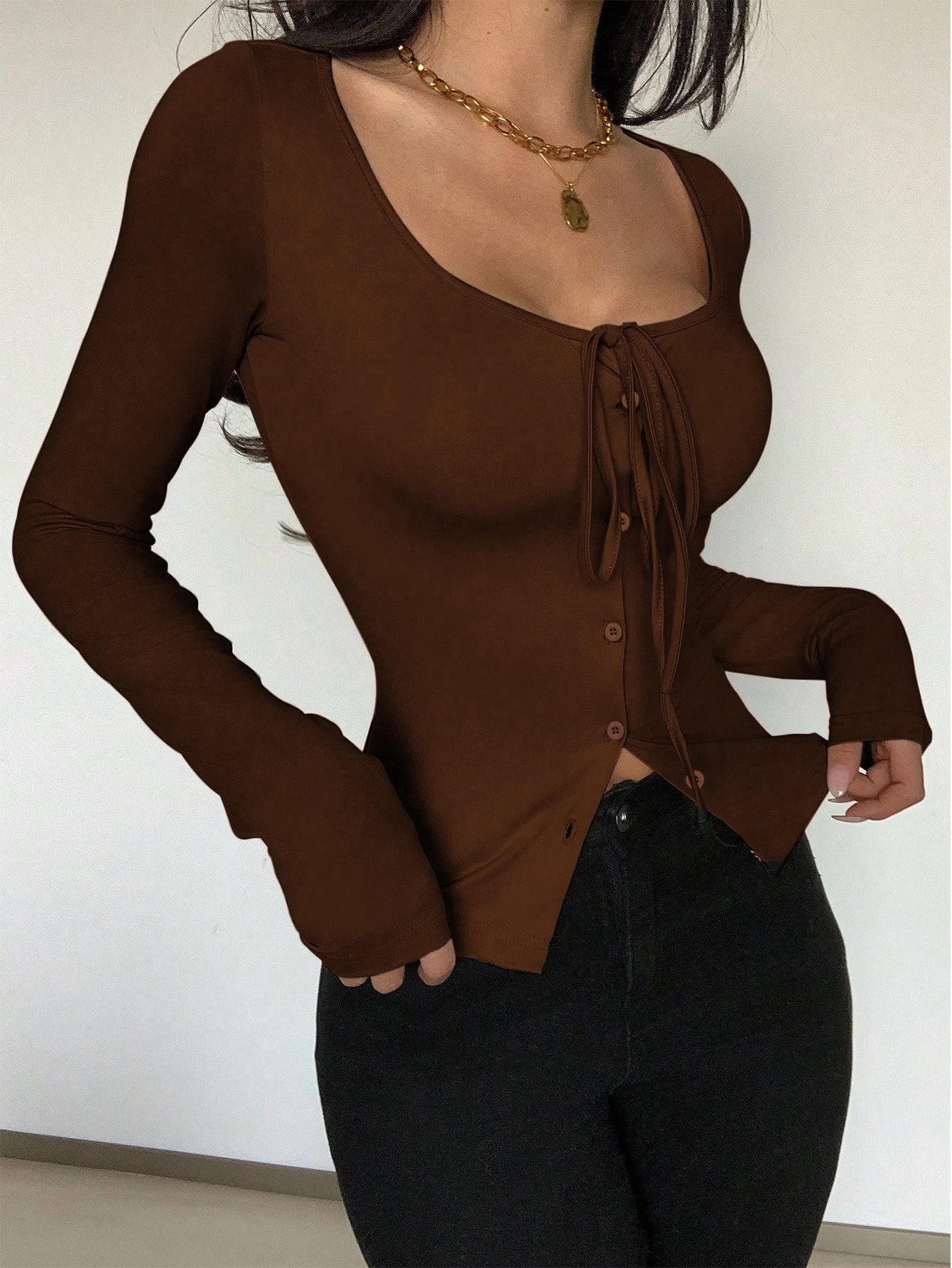 Fashionable All-Season Versatile Women's Clothing Long-Sleeved Plain Color Button Detail Cardigan