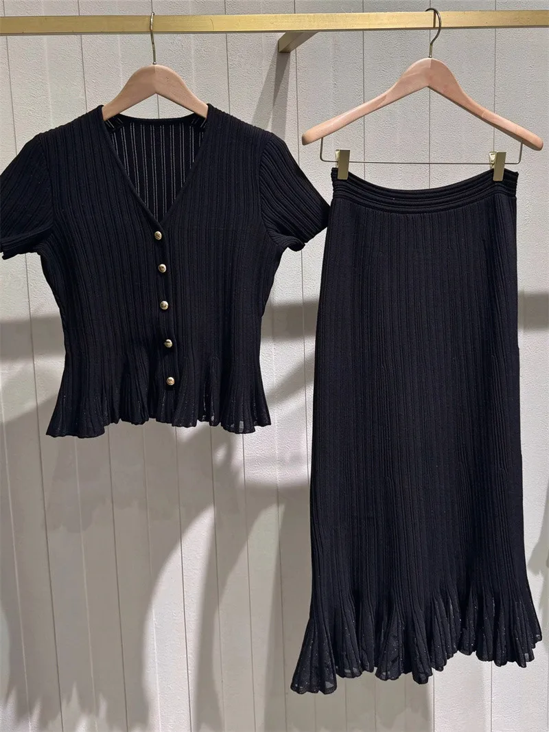 Black Female Ruffled V-Neck Short Sleeved Knitted Cardigan Top + A-Line Skirt