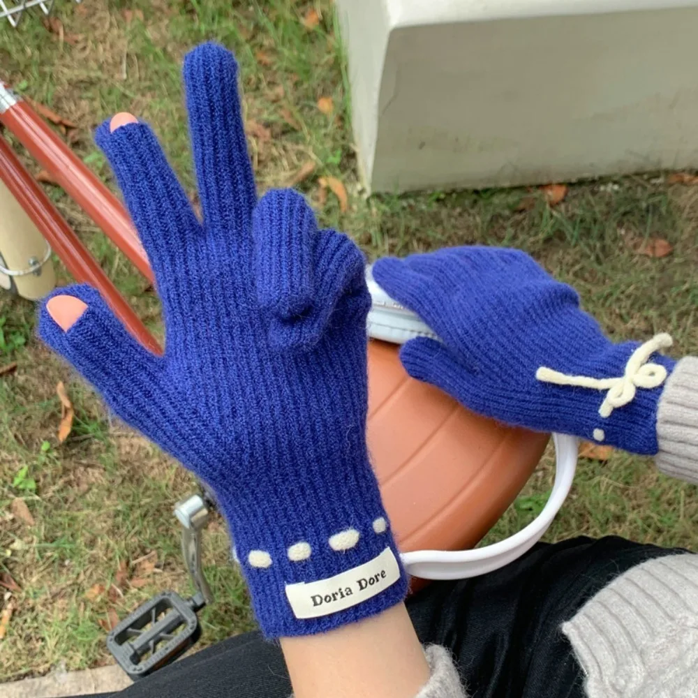 Guantes de lana de punto de poliéster, a la moda, con nudo de lazo, Color sólido, guantes de dedo dividido, gruesos y cálidos