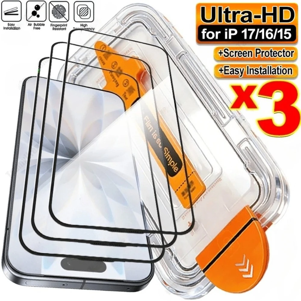 

Комплект из 3 защитных стекол высокой четкости для iPhone 17, 16, 15, 14 Pro, Air 16, 15 Plus, 13, 12, 11 Pro, Mini с установкой в один клик