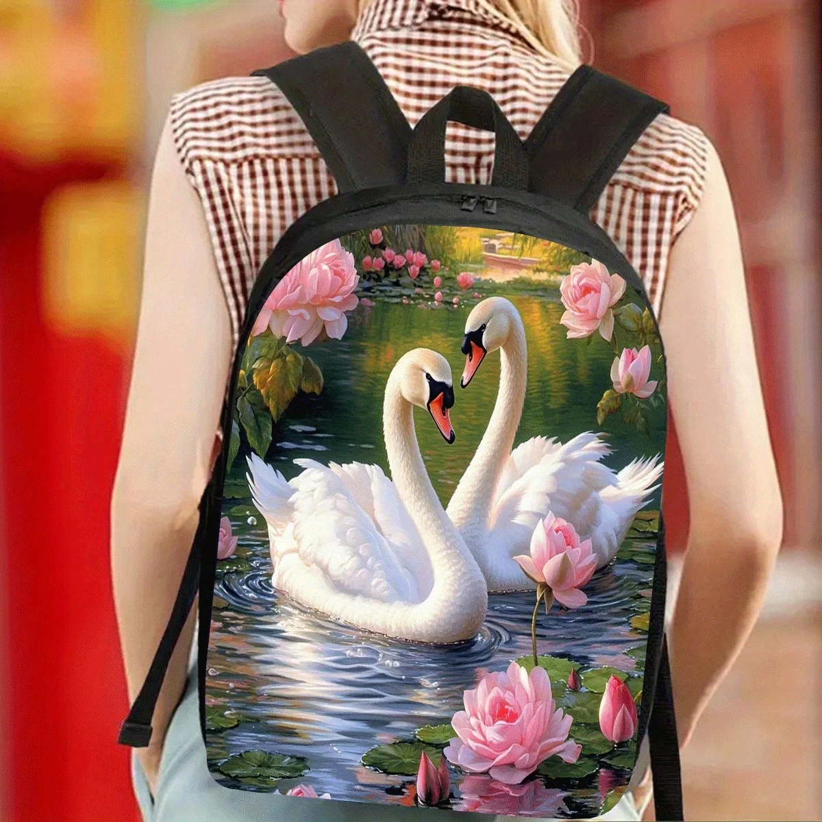 1pc Oil Painting Swan for Lotus Backpack - 17 Inch Large Capacity Lightweight Laptop Bag with Water Bottle Holder