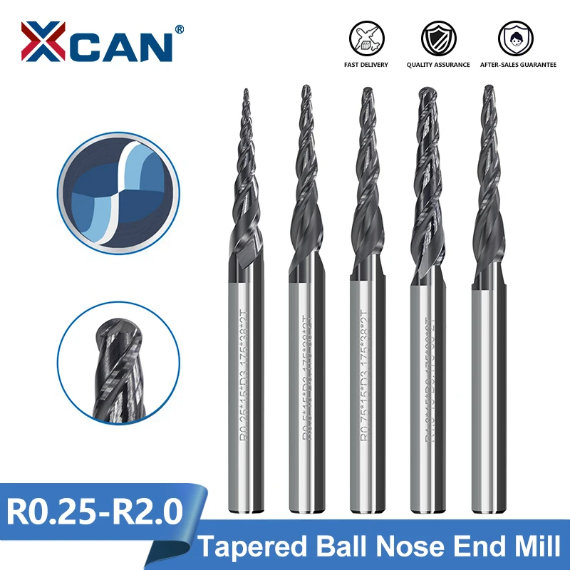 XCAN Milling Cutter 2 Flute Ball Nose Tapered End Mill HRC55 Solid Carbide CNC Router Bit 3D Carving Bit Wood Metal Milling Tool