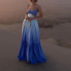 OMSJ Gradient Color Hollowed Out Pleated Long Big Swing Dress Summer Elegant Camisoles Open Back Sleeveless Robe Chic Party Wear