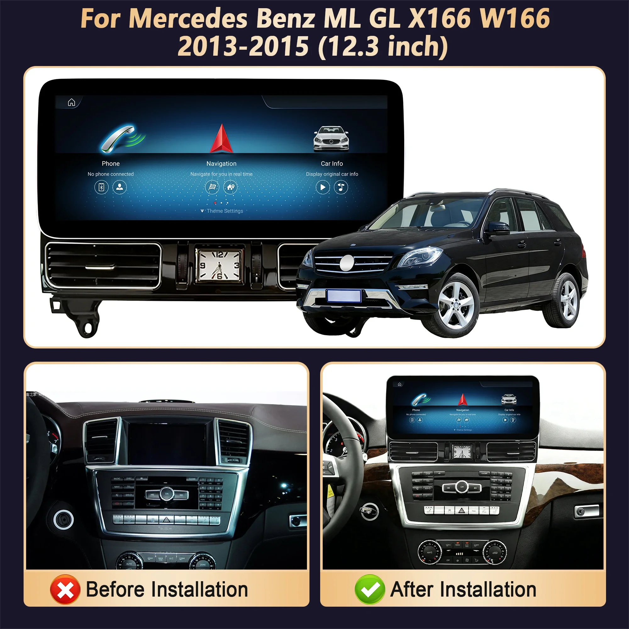 12.3'' Car Radio Multimedia For Mercedes Benz ML GL X166 W166 2013-2015 Carplay Android 14 Snapdragon 685 Touch Screen Bluetooth