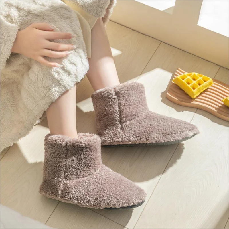 New Women Warm Faux Fur Boots  Home Plush Slippers Cartoon Lining Fluffy Cozy Flat Non Slip Sole Ladies Shoes