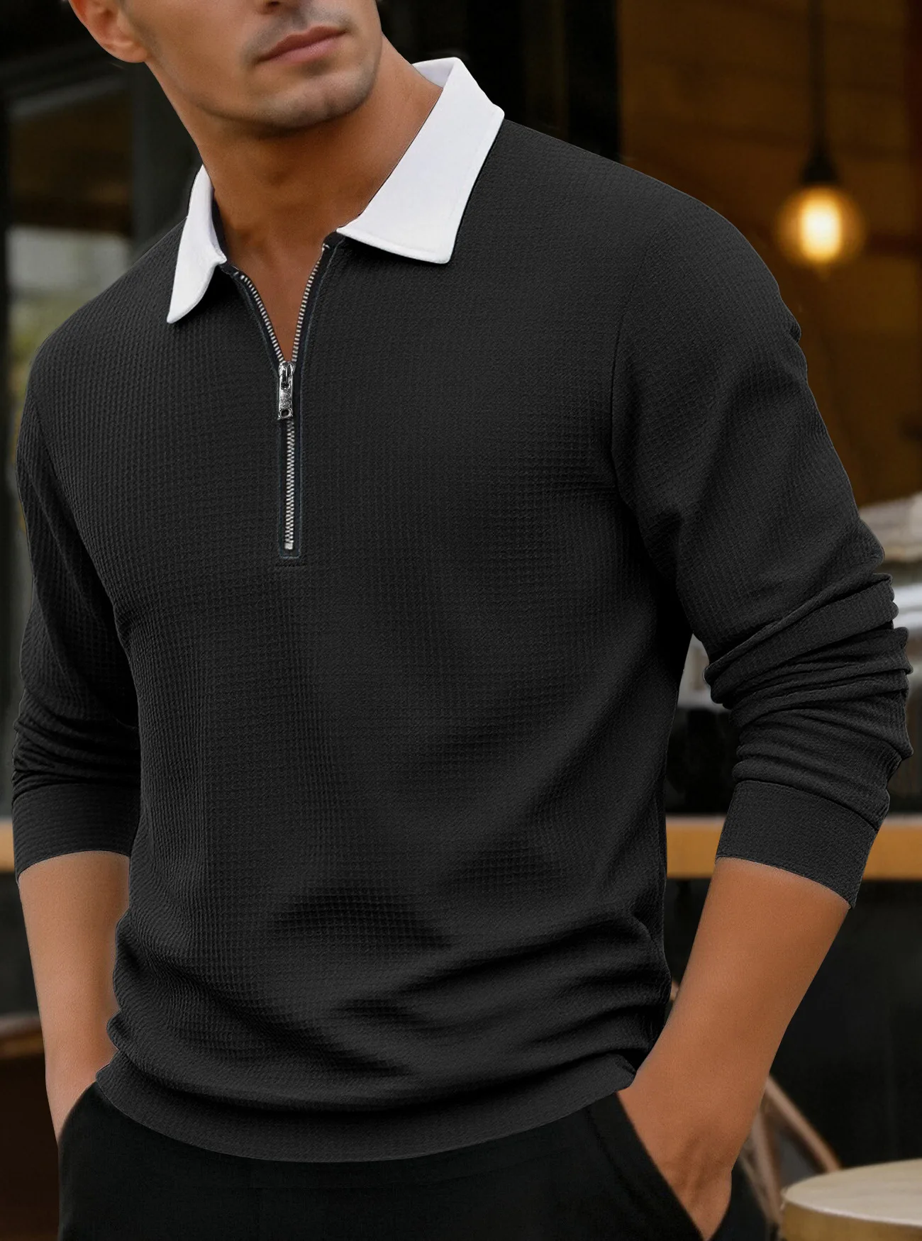 New men's waffle knit polo shirt for spring and autumn, long sleeves, half-closed collar, casual sporty top garment