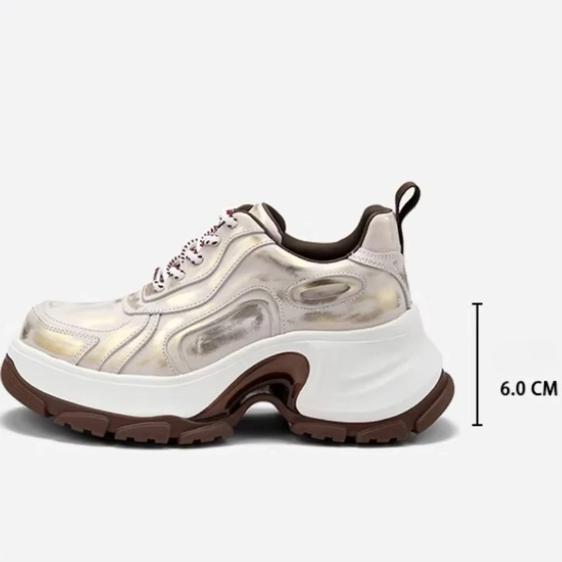 Retro Rubbing Gold Daddy Shoes Women's Genuine Leather Height Increasing Shoes Comfortable Casual Sports Shoes Chunky Sneakers