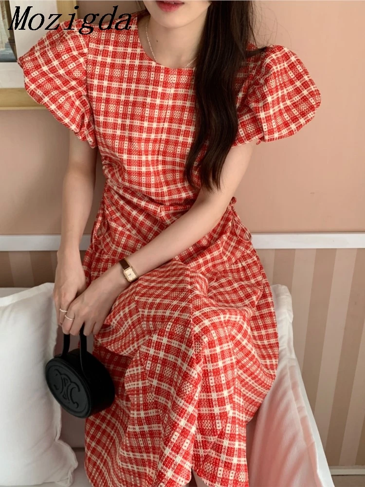 Sommer Puff Ärmel Plaid Midi Kleid Frauen koreanischen Chic ausgehöhlt Design Kordel zug Bund schlanke Damen Kleider Vestidos