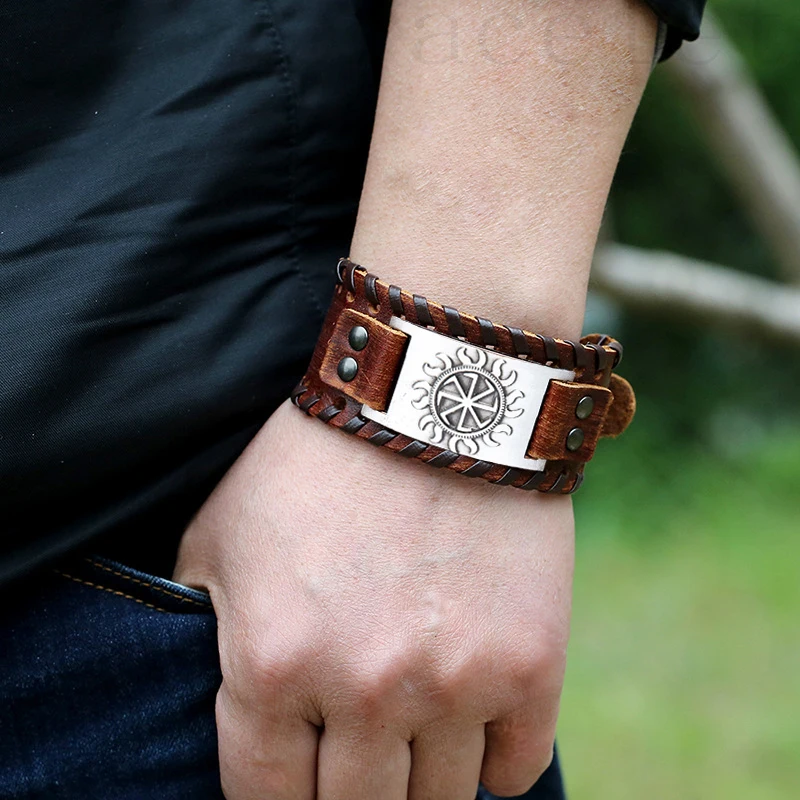 Trendy Totem Design Flame Symbol Thor Bracelet Men's Bracelet Genuine Leather Nordic Viking Accessories Party Jewelry Wholesale