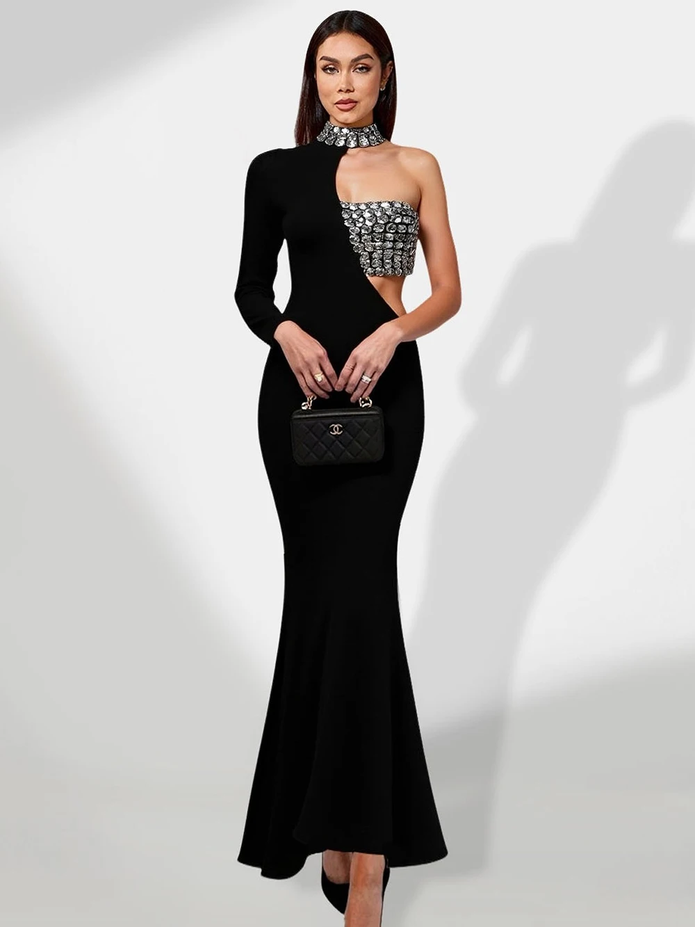 

Modphy Sexy Black Crystal One Shoulder Long Sleeve Tight Bandage Mermaid Long Dress Women Elegant Evening Party Wedding Gowns