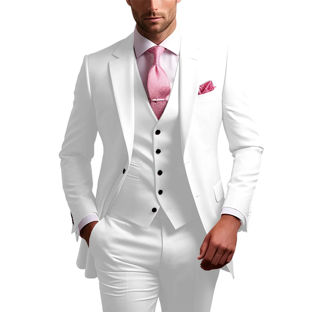 남성용 3피스 핑크 슬림핏 턱시도 정장 바지와 조끼 포함 클래식 단색 웨딩 신랑 맞춤 의상