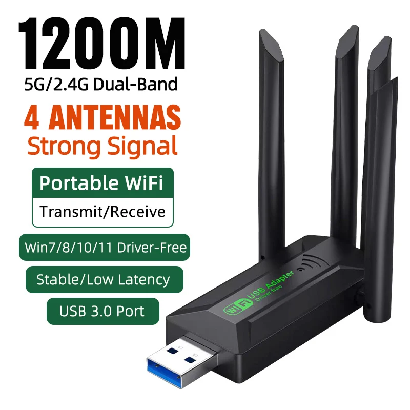 1200 متر واي فاي USB محول 4 هوائيات عالية السرعة بطاقة الشبكة اللاسلكية ترقية USB3.0 ثنائي النطاق 2.4G/5G واي فاي دونغل ل Win 10/11