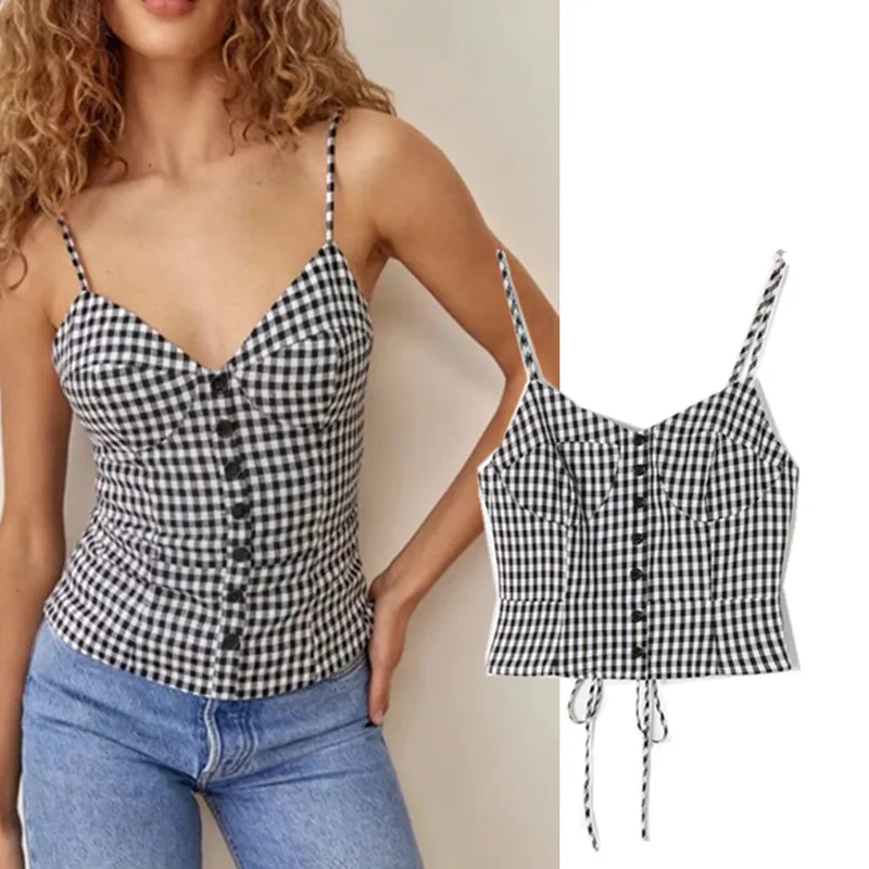 

Slimming Strapl Crop Top with Hollow out Ba And Front Button Design in Bla And White Street Sle Plaid Pattern